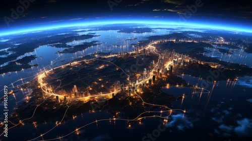 Stunning aerial views of illuminated cities at night. #914536179