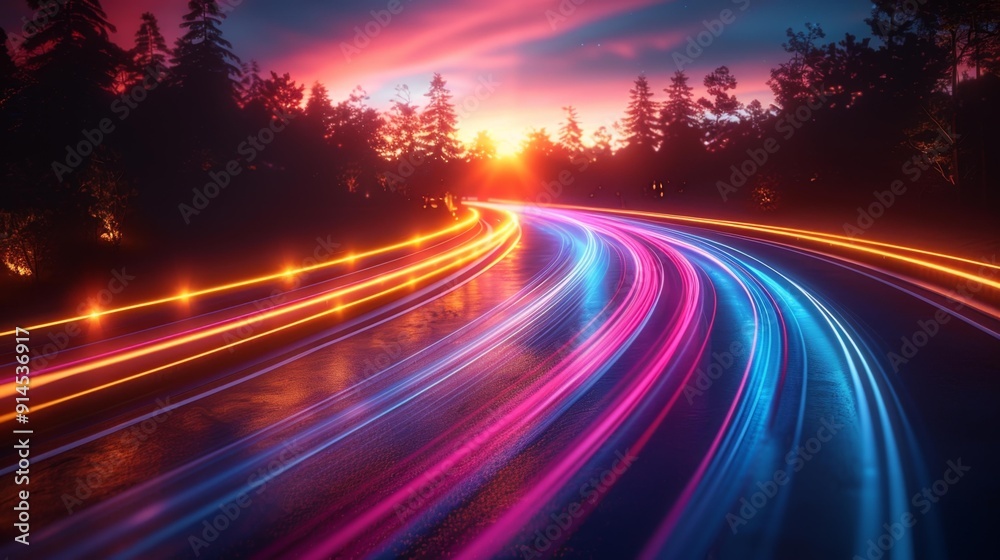 Neon light trails on a curved road at sunset - generative ai Neon light trails on a curved road at sunset - generative ai