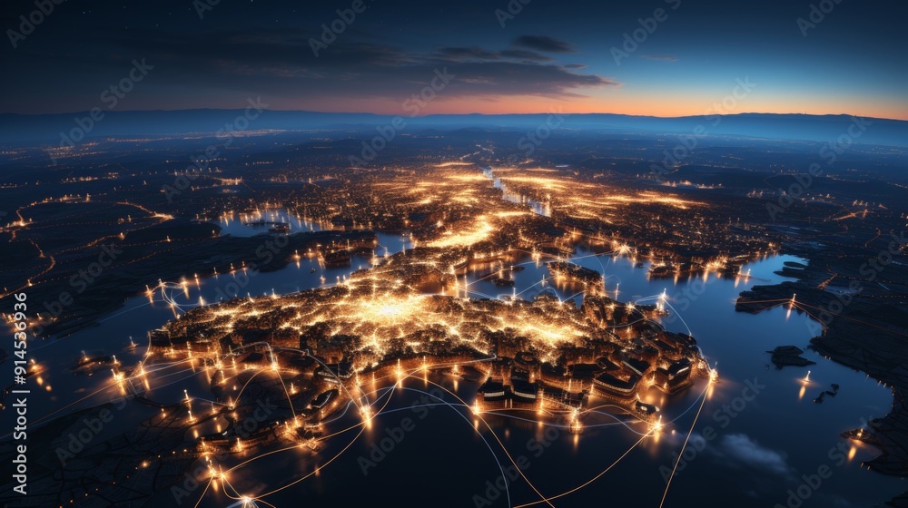 Obraz premium Stunning aerial views of illuminated cities at night.