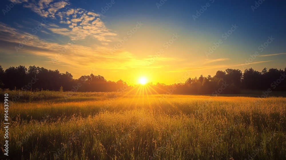 Obraz premium Golden sunset over a field with trees in the distance