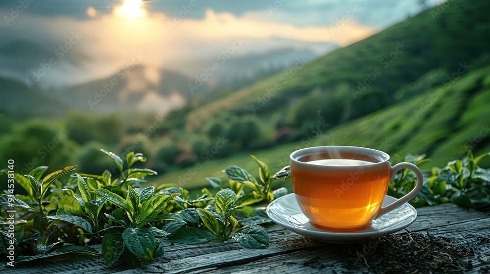 Cup of hot tea and leaf on the wooden table with the tea plantations background Cup of hot tea and leaf on the wooden table with the tea plantations background