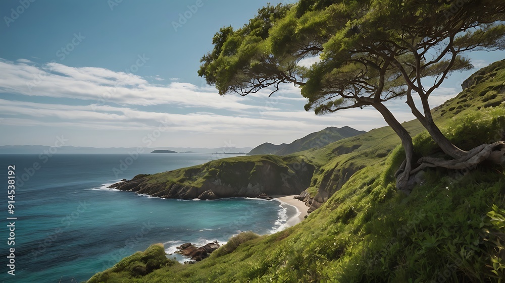 Landscape photograph showcasing a serene coastal scene  with lush greenery and a clear blue sky. 