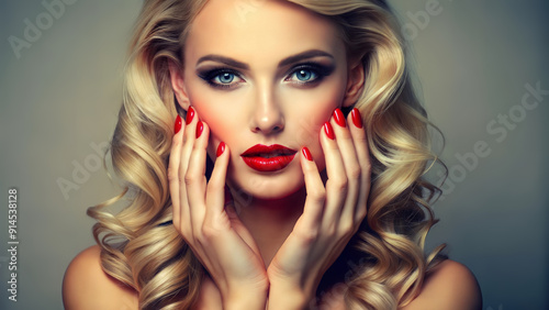 A woman poses elegantly with curled blonde locks and striking red lips, delicately touching her face with manicured hands, exuding charm in soft lighting. AI