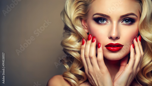 Portrait of a woman with glamorous makeup, wavy blonde hair, and red lips, showcasing her stylish manicure with bold red nails, illuminated by soft lighting. Generative AI