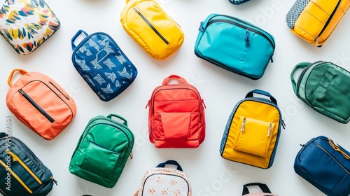 A collection of colorful backpacks and lunch bags are displayed in a row