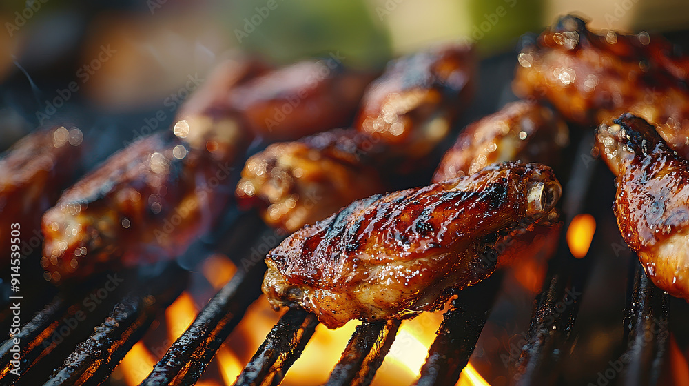 Mouth-watering grilled chicken wings sizzling over an open flame barbecue, capturing the essence of outdoor cooking and the deliciousness of barbecue food. Mouth-watering grilled chicken wings sizzling over an open flame barbecue, capturing the essence of outdoor cooking and the deliciousness of barbecue food.