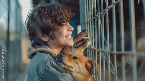 A person with a cognitive disability smiling while volunteering at an animal shelter photo