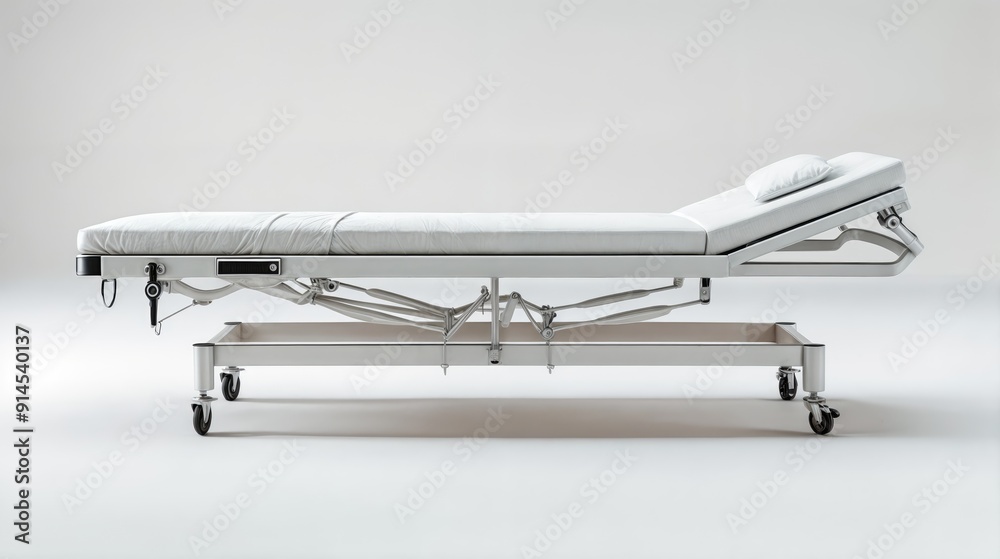 White medical bed on a white background. AI generated.