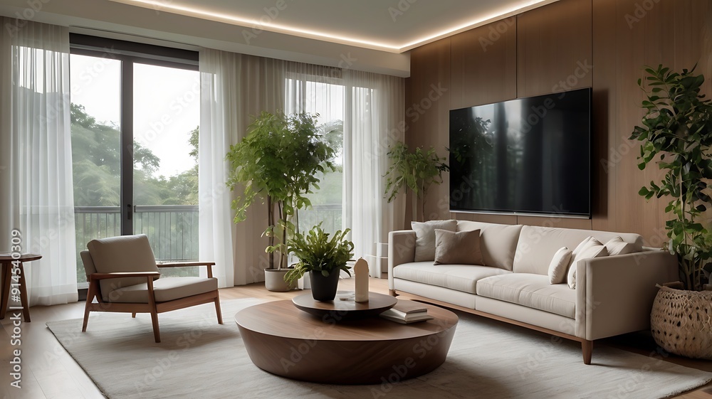 stylish living room with a minimalist design. The layout features a large, light-colored sectional sofa adorned with beige and brown throw pillows, positioned on a light area rug. In front of the sofa