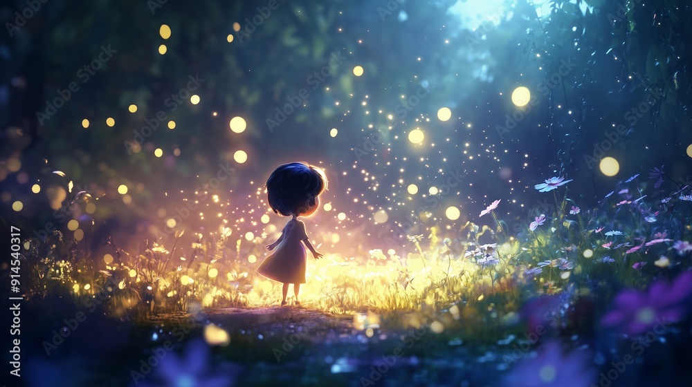 Enchanted Forest Scene With a Young Girl Surrounded by Glowing Fireflies at Dusk