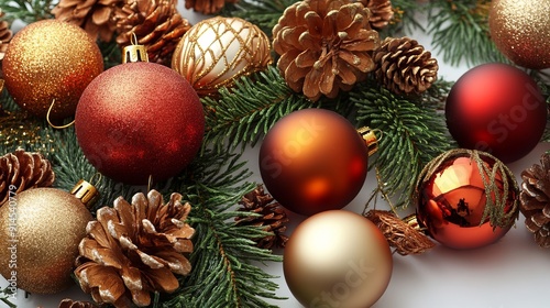 Rustic Christmas baubles, pinecones, and greenery arrangement