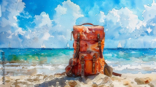 Adventure backpack on beach generative ai