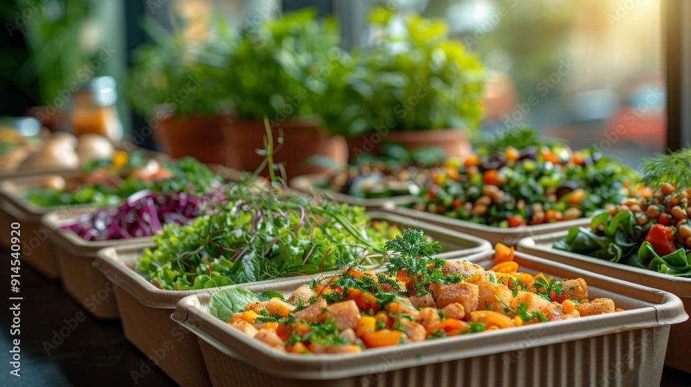 Obraz premium Colorful salad bowls with fresh ingredients - generative ai
