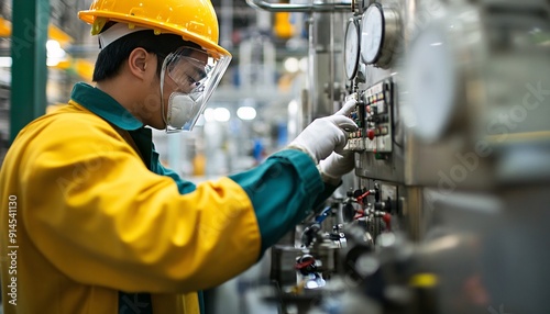 An Engineer Safely Adjusting Machinery in a Factory Engineering in factory