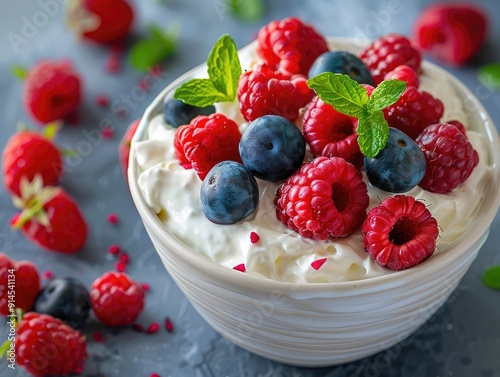 A bowl of creamy yogurt topped with fresh raspberries, blueberries, and mint leaves.