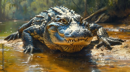 Striking portrayal of Chinese Alligator Alligator sinensis basking sunlit riverbank armored scale prehistoric appearance underscoring urgent need conservation effort save critically endangered photo