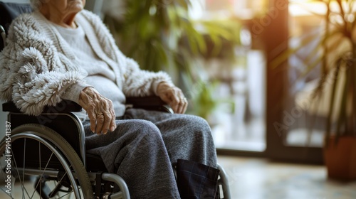 elderly person sitting in wheelchair caring volunteer in disability nursing home empathy and support concept photo