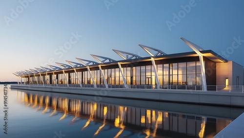  a modern architectural structure with a sleek, elongated design. bridge over the river.