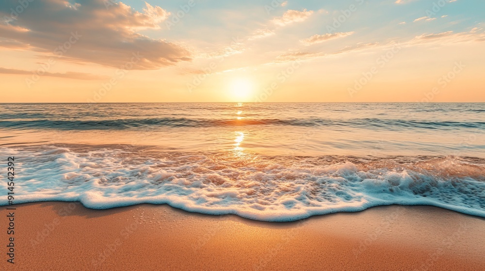 Sunset over the ocean with gentle waves hitting shore Sunset over the ocean with gentle waves hitting shore