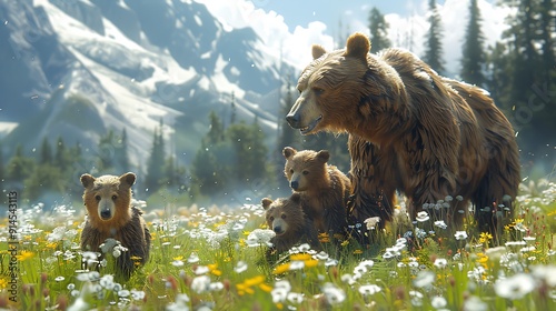 Tender moment between mother grizzly bear Ursus arctos her playful cub they frolic verdant meadow their bond of love protection evident their interaction Keywords grizzly bear cub motherhood meadow photo