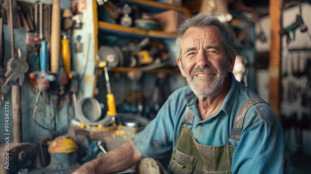 Portrait of a smiling middle aged male worker in tool shop Portrait of a smiling middle aged male worker in tool shop