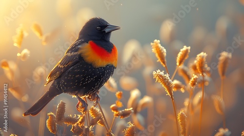 Vibrant marshland alive energetic call of Redwinged Blackbirds Agelaius phoeniceus perched cattail their distinctive red yellow epaulet flashing sunlight Keywords Redwinged Blackbirds marshland photo