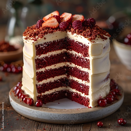 Vibrant red velvet cake with velvety layers and a luscious cream cheese frosting adorned with a light dusting of red cake crumbs on top Keywords red velvet cake cream cheese frosting red crumbs photo