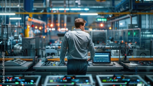 The factory manager is standing on a platform, using a laptop computer and overseeing production at modern automated electronics manufacturing facilities with AI assistance. photo