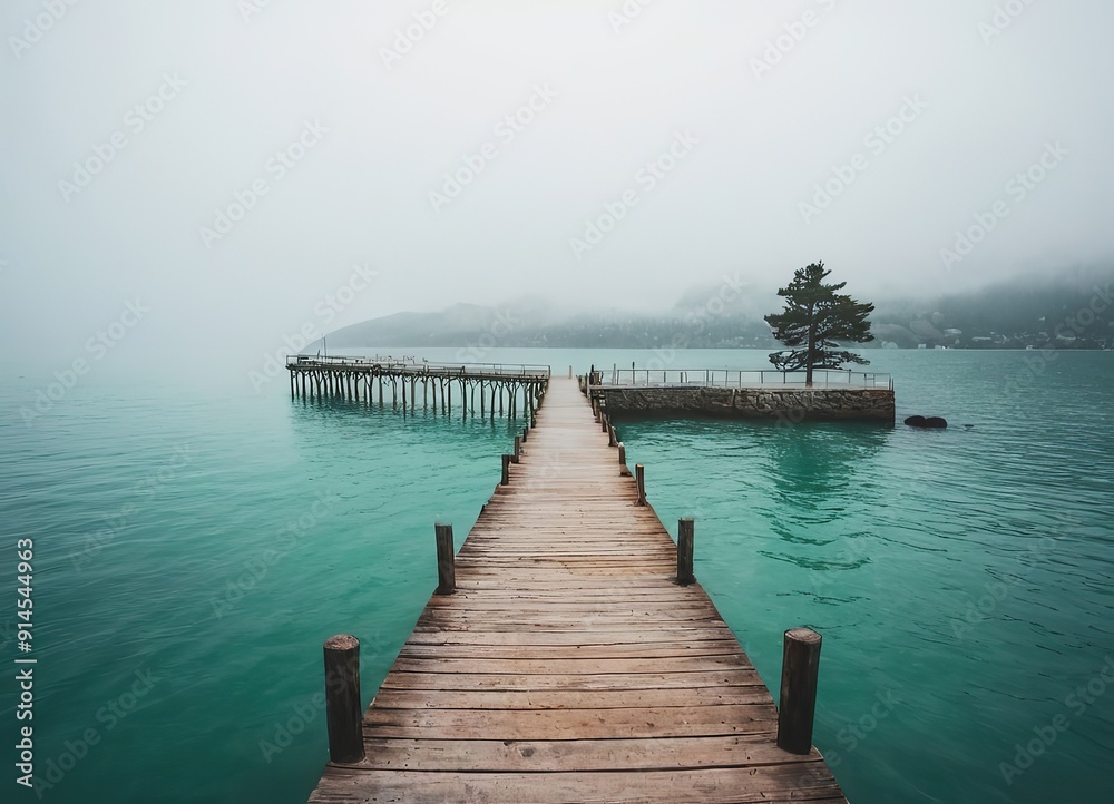 Obraz premium A Beautiful Serene Lake View Featuring a Wooden Pier Set Within a Misty Landscape Scene