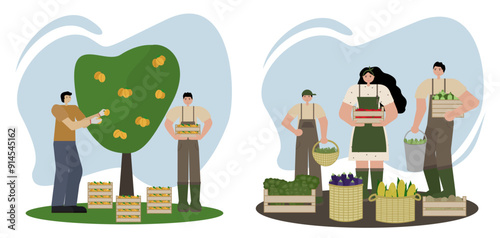 Vector illustration in flat style on white background. Men of different nationalities harvesting peaches and family with their vegetable harvest. For agricultural, seasonal, or family-themed designs