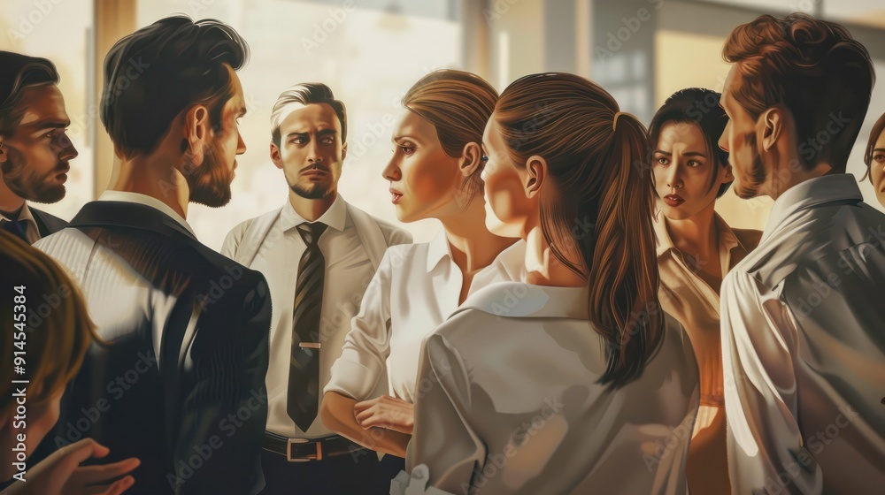 Fototapeta premium Workplace gossip: mobbing, bullying, difficult work conversation.