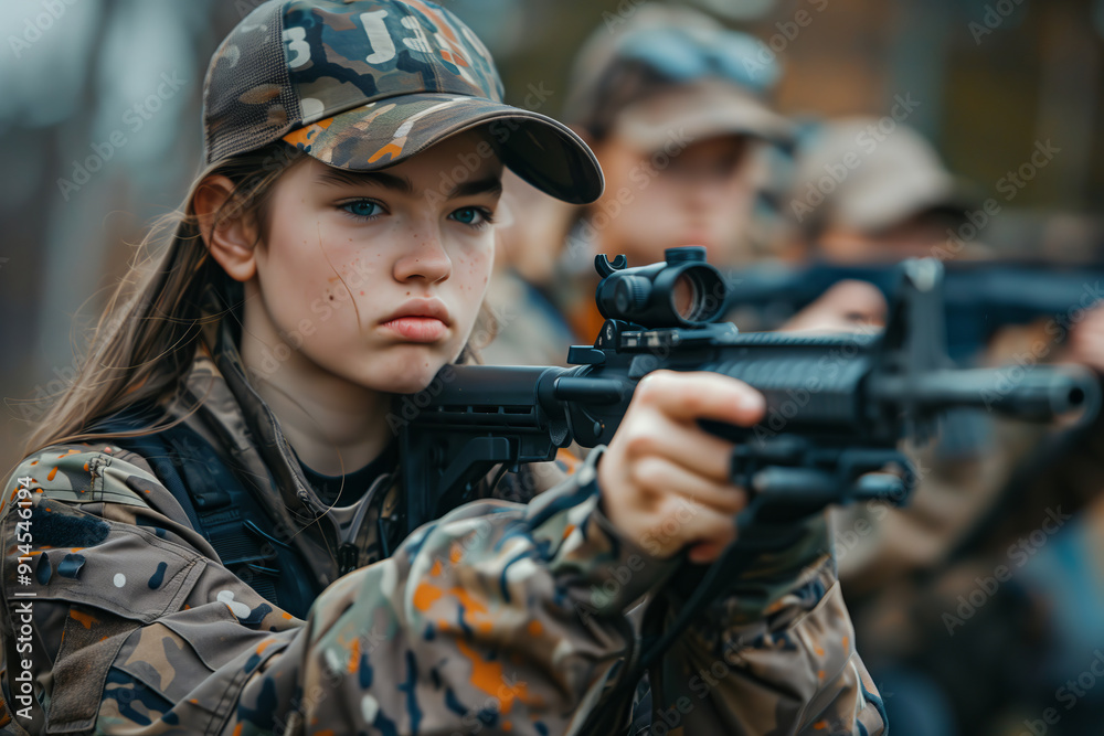 Fototapeta premium Young Aspiring Shooters Engage in Tactical Gun Training at Outdoor Facility in Autumn