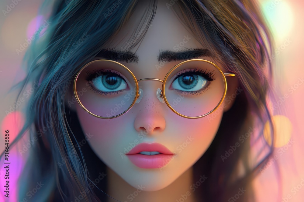 melancholic young woman with glasses rendered in vibrant 3d cartoon style expressive eyes convey stress and sadness against a soft pastel background emphasis on emotional depth melancholic young woman with glasses rendered in vibrant 3d cartoon style expressive eyes convey stress and sadness against a soft pastel background emphasis on emotional depth
