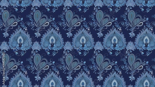 A seamless pattern with ornate, intricate floral and paisley motifs in shades of blue and white