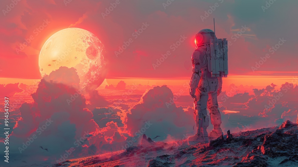 Fototapeta premium A man in a white spacesuit stands on a rocky hillside