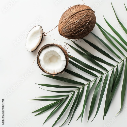 Coconut with a palm leaf on a white background, flat lay top view creating a summer-themed natural