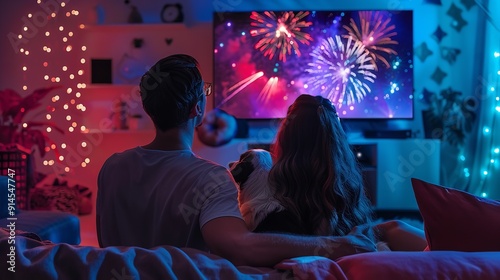 Happy couple and dog watching televised firework. Generative Ai