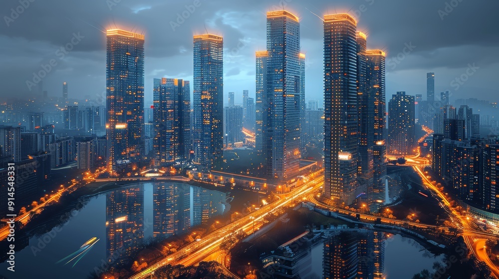 Fototapeta premium A city skyline with many tall buildings and a river running through it