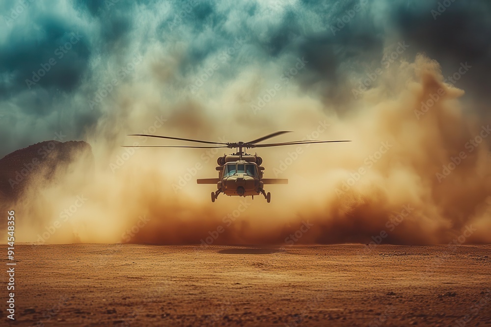military helicopter flying low over vast desert landscape dust cloud trailing behind dramatic lighting emphasizing sense of mission and power military helicopter flying low over vast desert landscape dust cloud trailing behind dramatic lighting emphasizing sense of mission and power
