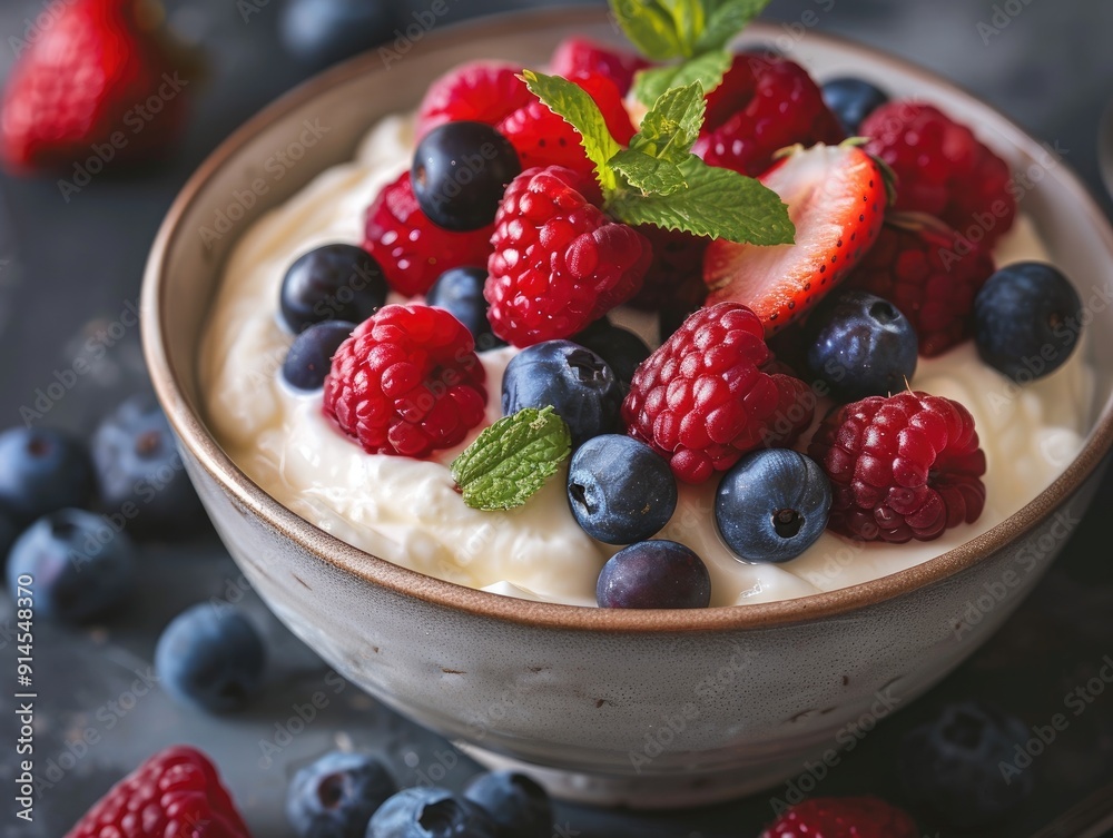 A bowl of yogurt topped with fresh raspberries, blueberries, and strawberries. A bowl of yogurt topped with fresh raspberries, blueberries, and strawberries.