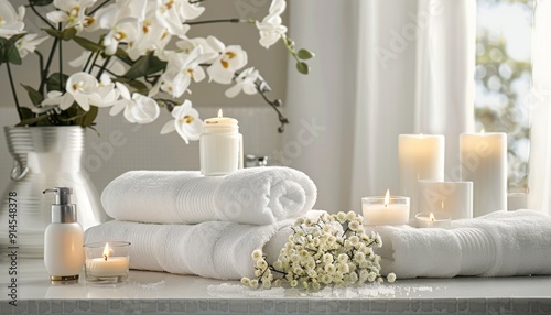 White spa bathroom with luxury towels, candles, massage table, aromatherapy flowers photo