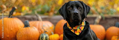 Black Labrador Retriever wearing a candy corn bandanna seated beside a grouping of large pumpkins and gourds photo