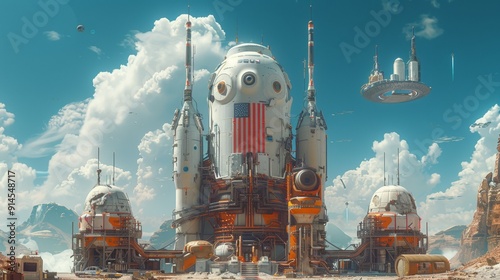 Fototapeta Naklejka Na Ścianę i Meble -  A space station with a large American flag on it