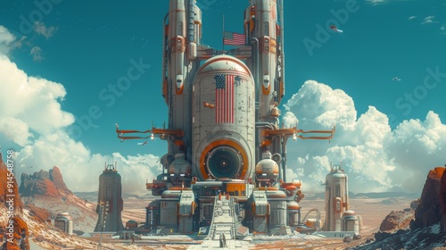 Fototapeta Naklejka Na Ścianę i Meble -  A large space station with a large American flag on it