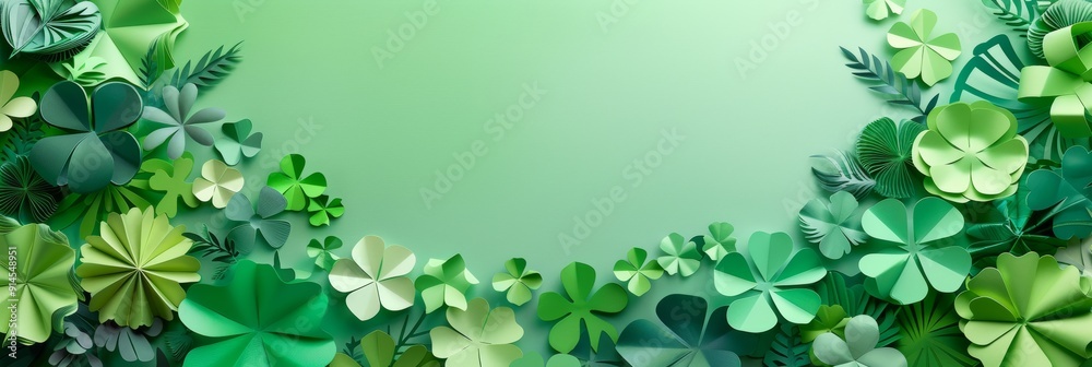 Patrick's Day background with intricate paper cut clover leaves and lively decorations, creating Patrick's Day background with intricate paper cut clover leaves and lively decorations, creating