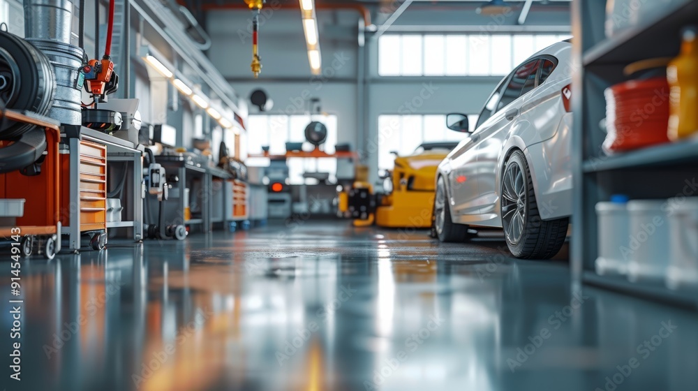 A white car is parked in a large garage with many tools and equipment