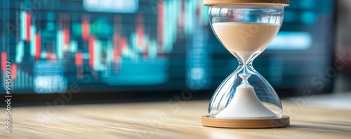 Hourglass with trader's head, chaotic financial data, economic stress photo