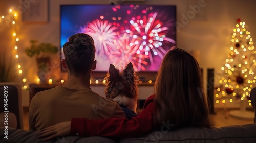 Happy couple and dog watching televised firework. Generative Ai