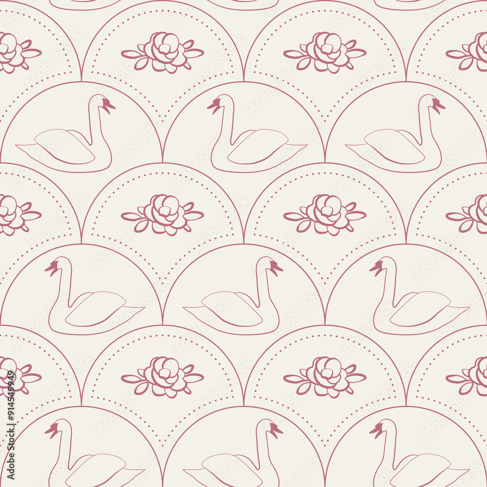 Swans and flowers - vector seamless pattern for wallpaper background, fabric design, scrapbooking. Flat pink illustrations perfect for wedding decor Swans and flowers - vector seamless pattern for wallpaper background, fabric design, scrapbooking. Flat pink illustrations perfect for wedding decor
