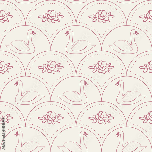 Swans and flowers - vector seamless pattern for wallpaper background, fabric design, scrapbooking. Flat pink illustrations perfect for wedding decor